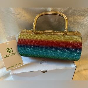 Multicolor Crystal Cylinder Clutch with Gold Handle